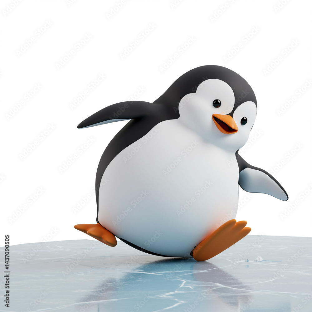 Obraz premium Adorable 3D Cartoon Penguin Sliding on Ice Fun Winter Illustration