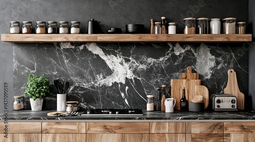Modern kitchen, dark marble backsplash, wooden shelves, spices, cooking