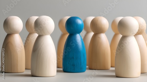 Leadership and Individuality in Business. A blue wooden figure stands apart from neutral-colored figures, symbolizing uniqueness, recruitment, diversity, and personal identity in a group setting.