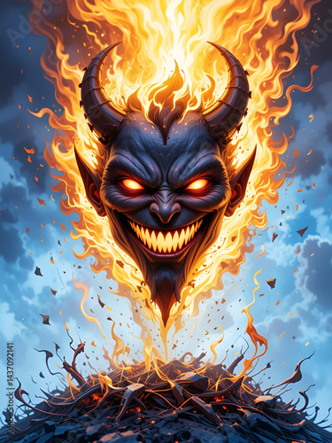 An Angry Devilish Smiley Face Surrounded By Flames of Fire
