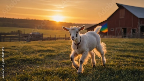 Running goat in pasture with sunset