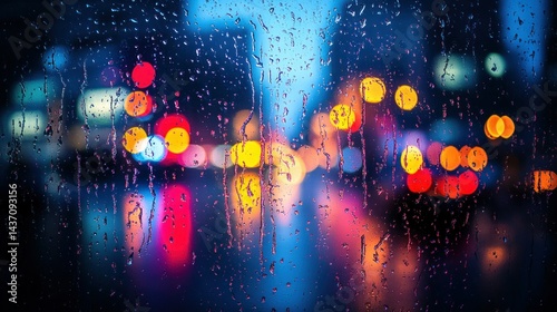 Rainy night city lights through wet window (1) photo