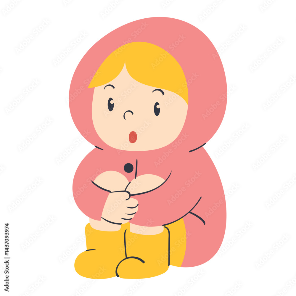 sitting kid in raincoat hugging knees doodle illustration sitting kid in raincoat hugging knees doodle illustration