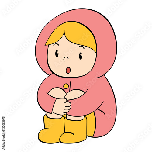 sitting kid in raincoat hugging knees doodle illustration