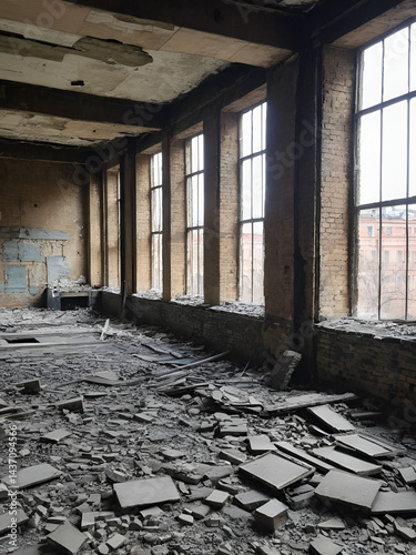 Old destroyed by time and vandals industrial building of the times of the USSR. December 2017 photo