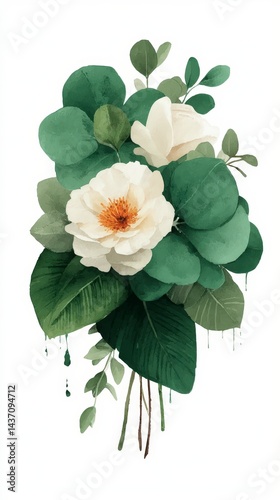 Watercolor Floral Bouquet  White Roses   Eucalyptus Greenery for Wedding Invitations
