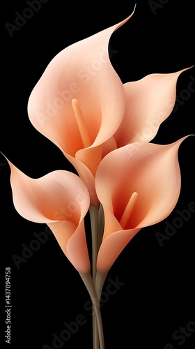 Peachy calla lilies elegantly arranged against a black backdrop