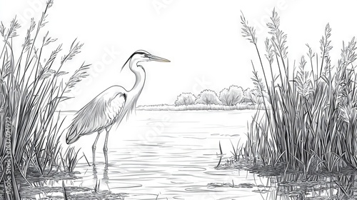 Elegant Heron Standing by Water in Serene Natural Landscape Illustration
