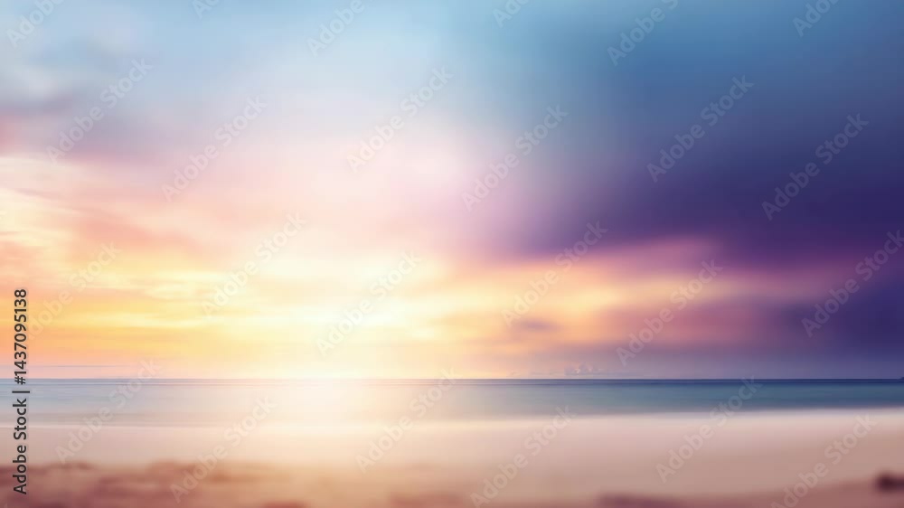 Softly blurred seascape with tranquil beach, calm water, and colorful sky with pastel tones at sunset Softly blurred seascape with tranquil beach, calm water, and colorful sky with pastel tones at sunset