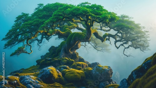 Majestic tree on mossy rocks in foggy landscape