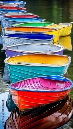 Wallpaper Mural Colorful wooden rowboats floating on water, a line of vibrant vessels reflecting on the still surface, tranquil scene Torontodigital.ca