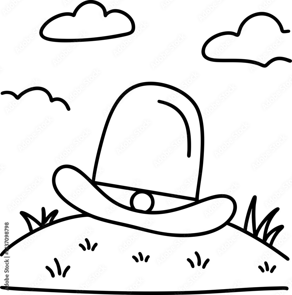 western hat rests on grassy hill under cloudy sky, evoking sense of adventure and Halloween spirit western hat rests on grassy hill under cloudy sky, evoking sense of adventure and Halloween spirit