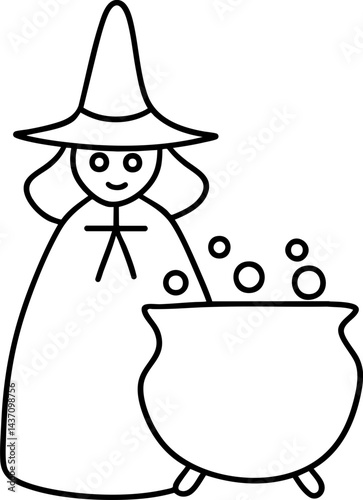 cheerful witch stands beside bubbling cauldron, embodying spirit of western Halloween festivities