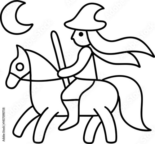 whimsical western scene featuring witch riding horse under crescent moon, perfect for Halloween celebrations