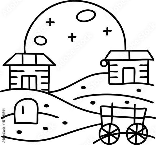 whimsical western scene features two simple houses under large moon with stars, evoking Halloween vibe