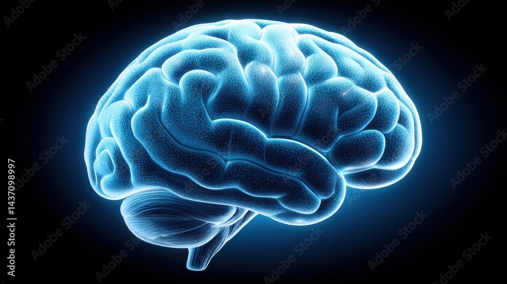 Ganglia, Illuminated illustration of a human brain with a glowing outline against a dark background. Ganglia, Illuminated illustration of a human brain with a glowing outline against a dark background.