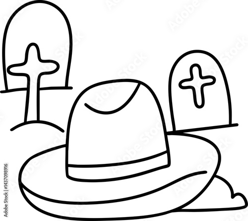 western hat rests near gravestones, creating spooky atmosphere perfect for Halloween celebrations