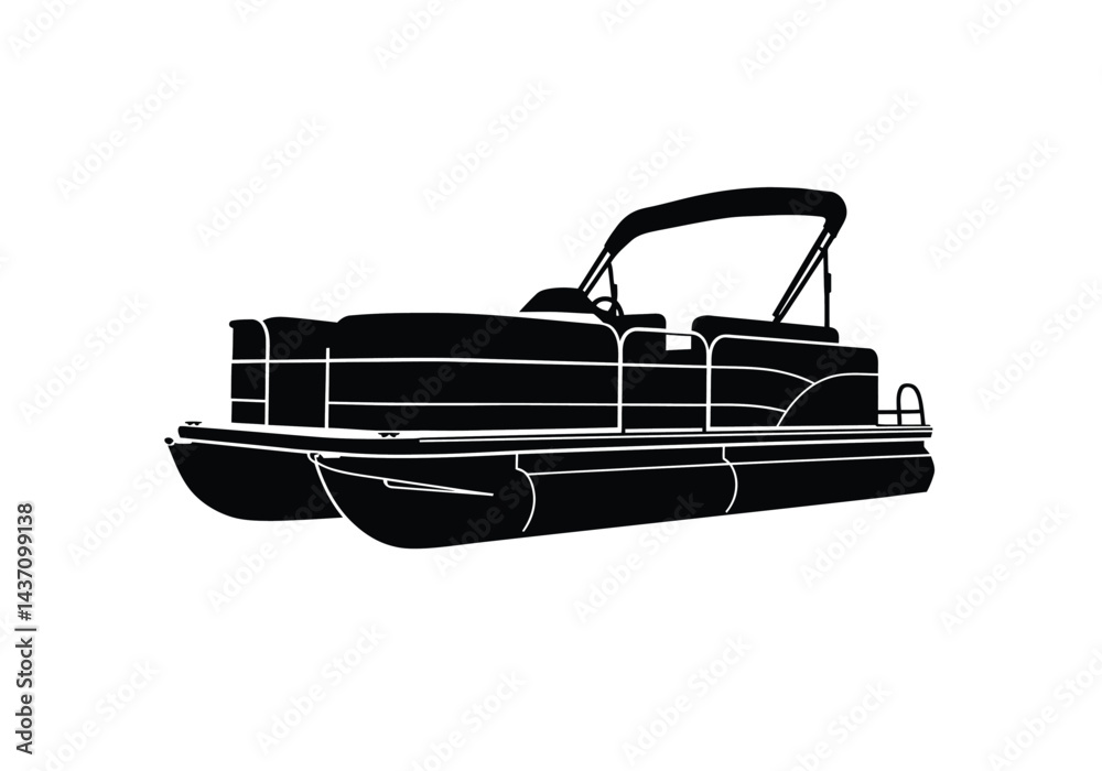 Naklejka premium Pontoon boat silhouette. This image shows a pontoon boat in silhouette form, highlighting its structure and design as a floating leisure watercraft. Vector clipart illustration design.