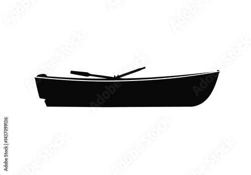 Row boat silhouette. This image shows a row boat silhouette, also known as a rowing boat or dinghy, emphasizing its shape and function for water transport. Vector clipart illustration design.
