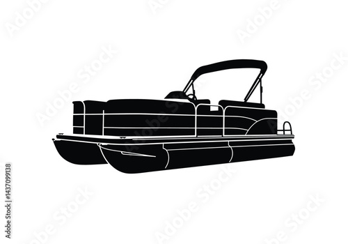 Pontoon boat silhouette. This image shows a pontoon boat in silhouette form, highlighting its structure and design as a floating leisure watercraft. Vector clipart illustration design.