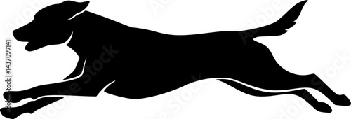 A black and white vector logo silhouette of a jumping dog