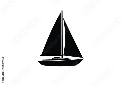 Sailboat silhouette. This image shows a black and white silhouette of a sailboat with two sails and a mast, commonly used in nautical-themed designs. Vector clipart illustration design.