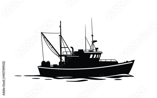 Boat on water silhouette. This image shows a vector clipart illustration design of a fishing boat on water in silhouette style. Vector clipart illustration design.