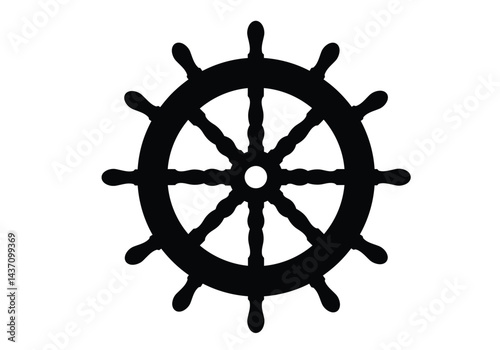 Boat wheel silhouette. A black silhouette image of a nautical steering wheel, also known as a helm or ship wheel, used for navigation and control on marine vessels. Vector clipart illustration design.