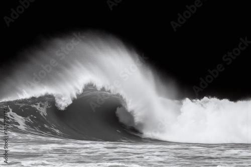 black and white photo of a wave crashing on the beach