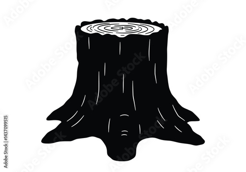 Stump silhouette. This image shows a black and white silhouette of a tree stump with visible rings and bark texture. Vector clipart illustration design.