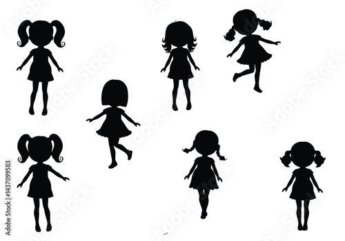 Dolls silhouette. This image shows six silhouettes of girls in various poses, each with different hairstyles and dresses, representing playful and diverse figures. Vector clipart illustration design.