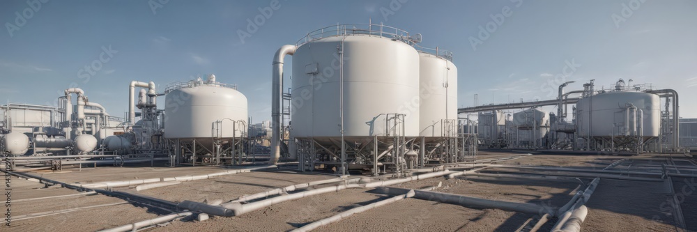 Obraz premium Hydrogen production facility with pipelines and tanks, compression, transportation
