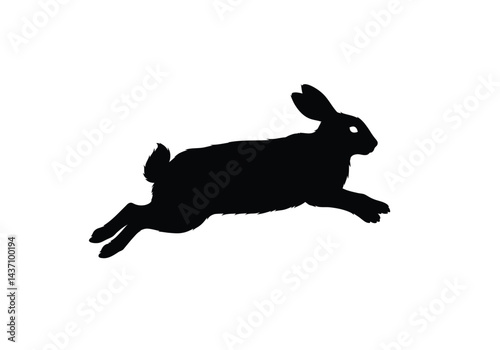 Jumping rabbit silhouette. This image shows a black silhouette of a rabbit in mid-leap, also known as a hare or bunny, captured in an energetic and dynamic pose. Vector clipart illustration design.