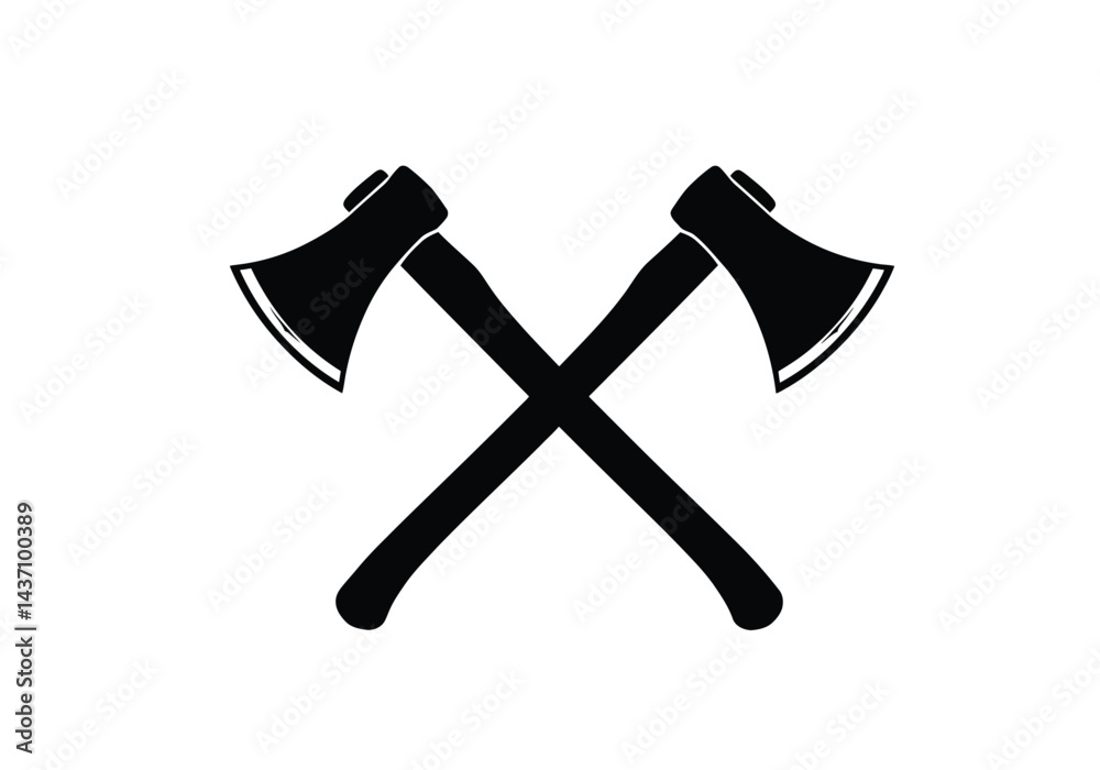 Crossed axes silhouette. This image shows two black axes crossed at their handles, forming an X shape, also known as crossed hatchets or battle axes. Vector clipart illustration design. Crossed axes silhouette. This image shows two black axes crossed at their handles, forming an X shape, also known as crossed hatchets or battle axes. Vector clipart illustration design.
