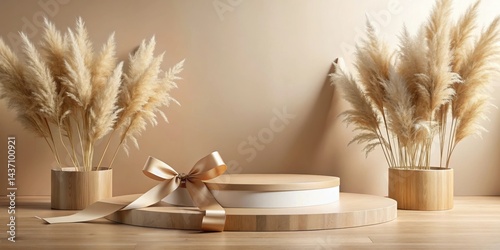 Elegant Wooden Display with Pampas Grass and Gift Bow