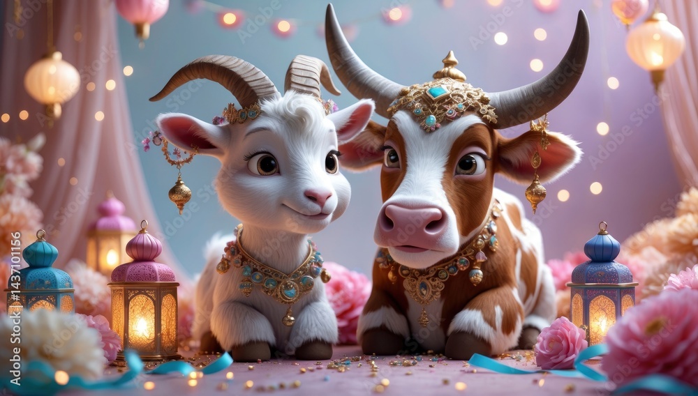 Fototapeta premium Whimsical illustration of a cute goat and cow adorned with jewels, celebrating a cultural theme