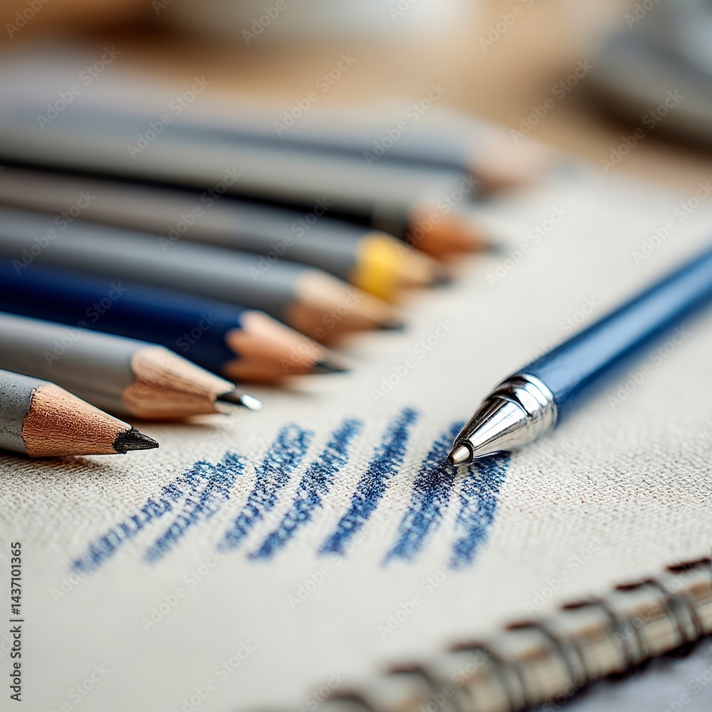 Fototapeta premium Close up of Pen Pencils on Sketchbook Art Supplies Drawing Stationery Office Design