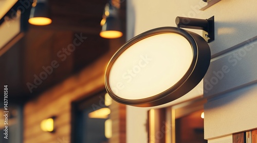 Illuminated oval sign, storefront, evening, blank, mockup