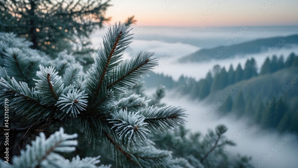Frosty Pine Tree in Forest with Foggy Mountains Frosty Pine Tree in Forest with Foggy Mountains