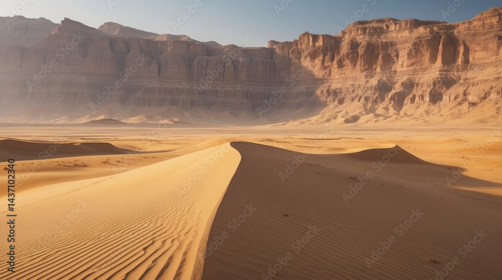 Fototapeta premium Expansive desert landscape featuring undulating sand dunes set against imposing rock formations in