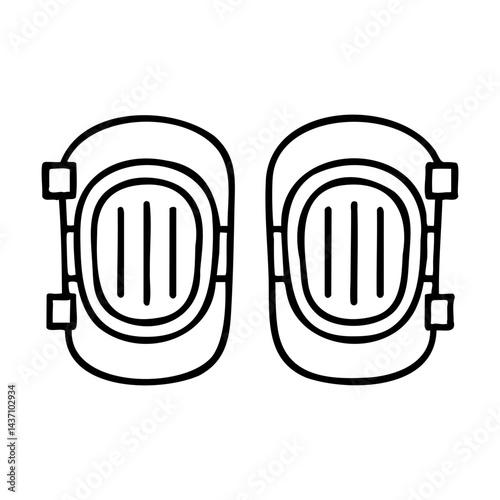 Minimal line art of a pair of protective knee pads used for industrial, construction, and sports safety to prevent injury.