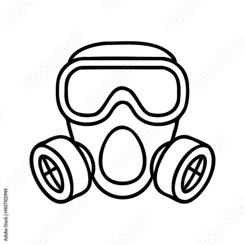 Minimal line drawing of a gas mask with goggles, representing industrial respiratory protection against chemicals, dust, and hazardous air.