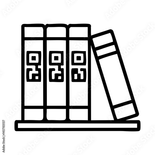Minimalist black and white illustration of a bookshelf with books featuring QR codes, symbolizing smart libraries, digital book access, online reading, and modern education resources.