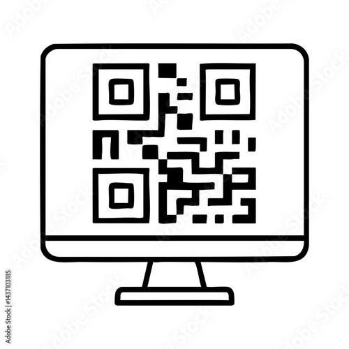 Minimalist black and white illustration of a QR code displayed on a computer monitor, representing digital access, online services, smart technology, and internet connectivity.