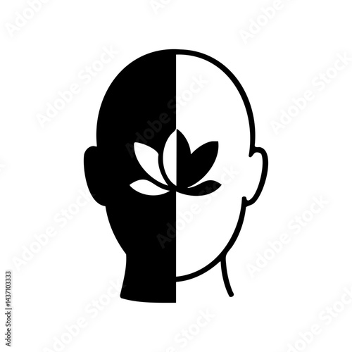 Black and white minimalist head silhouette with lotus flower symbol inside, representing mindfulness, meditation, mental health, emotional balance, and inner peace.