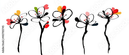 Elegant Floral Art Print  Five Abstract Cherry Blossoms  Spring Design  Minimalist Style