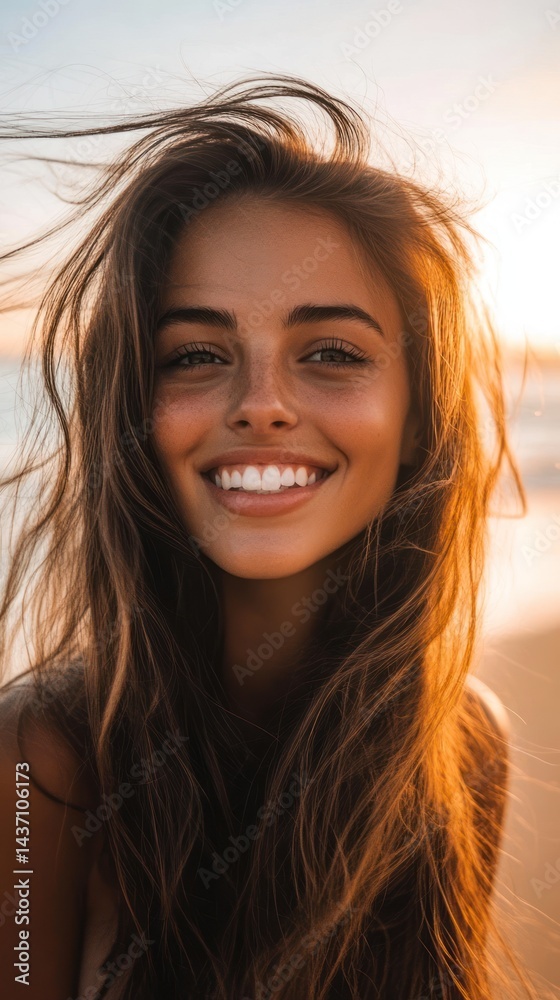 Fototapeta premium Golden Hour Beauty: A Portrait of Radiant Woman at the Beach