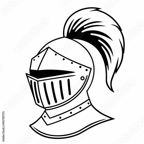 Traditional knight helmet - line art vector illustration in white background
