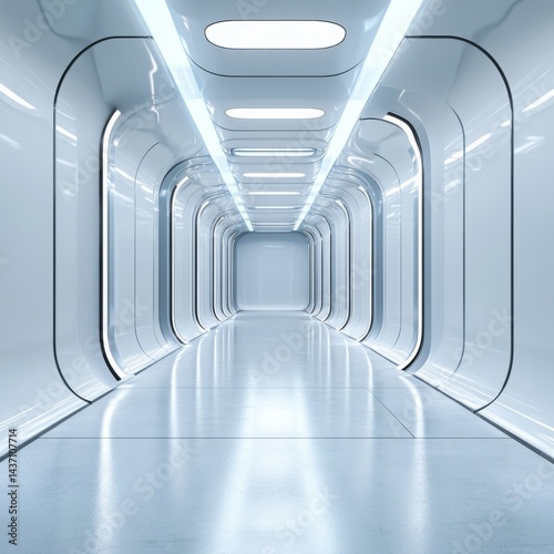 Abstract futuristic empty corridor and room interior with modern cement floor and wall, sci-fi design with lighting for product display, showcase space.