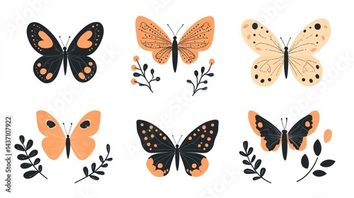 Six stylized butterflies with foliage, nature design, white background, illustration
